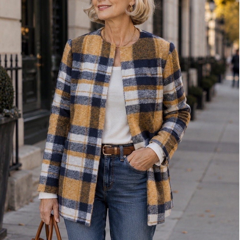 Cynthia Rowley Plaid Coat Women Size S Yellow Blue Wool Blend Collarless Jacket